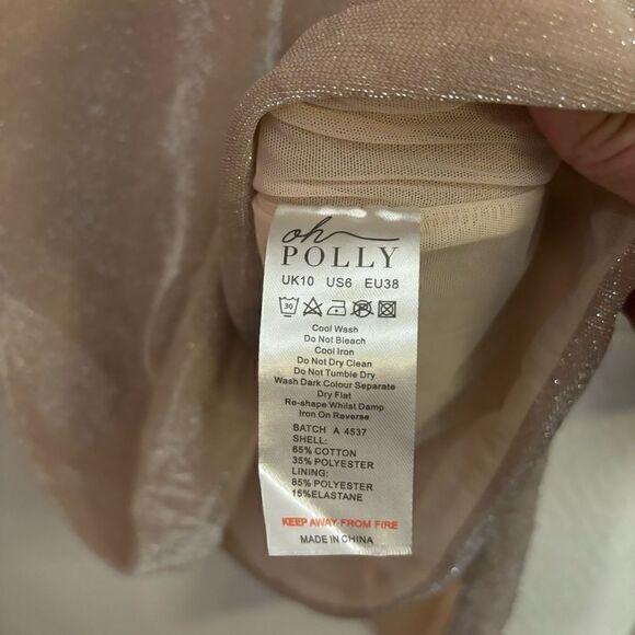 Oh Polly NWT Champagne Rose Gold Shimmer Deep V Stretch Mini Dress Size 6 - Picture 8 of 9
